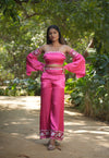 Embroidery Crop top with detachable sleeves and wide leg pants